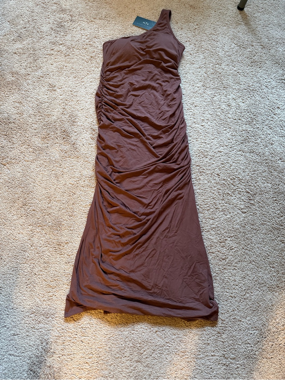 One-Shoulder Ruched Dress in Brown